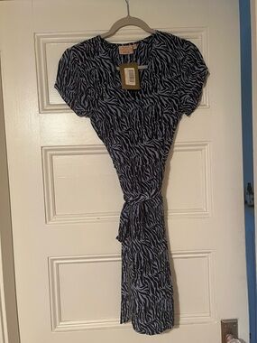 Zebra-Print Blue Tie-Waist Midi Dress